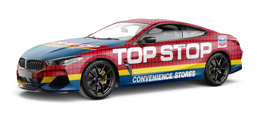 A sports car wrapped in Top Stop colors