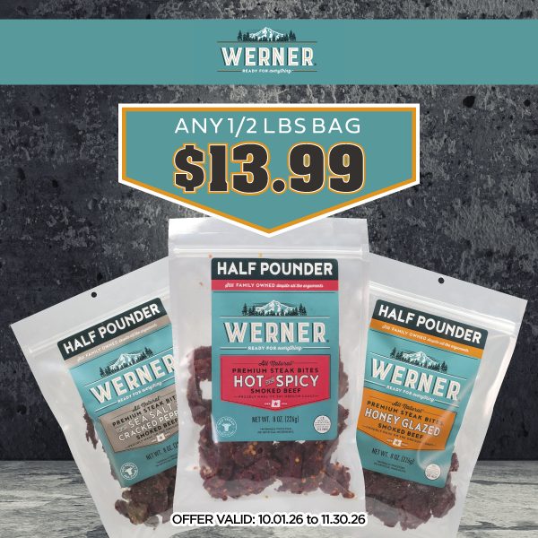 Werner Jerky offer: Buy Any Werner Jerky 8oz Bag for $13.99